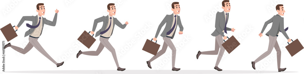 Businessman running. Active manager fast walking or running with suitcase exact vector hurry character in action poses Businessman running. Active manager fast walking or running with suitcase exact vector hurry character in action poses