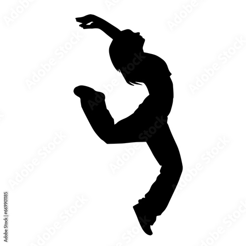 Silhouette of a casual female in a dancing pose. Silhouette of a dancer woman in action pose.