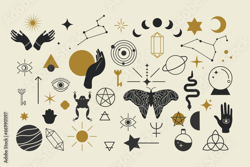 Magic symbols set. Witch hand drawn magic element, witchcraft crystal, snakes... Vector illustration icons set. Magic and witchcraft, witch esoteric alchemy