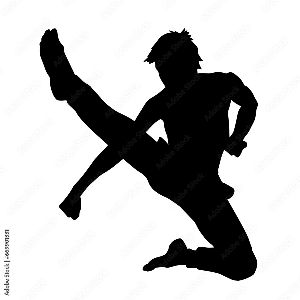 Silhouette of a male doing martial art kick pose. Silhouette of a martial art male doing kicking pose. Silhouette of a male doing martial art kick pose. Silhouette of a martial art male doing kicking pose.