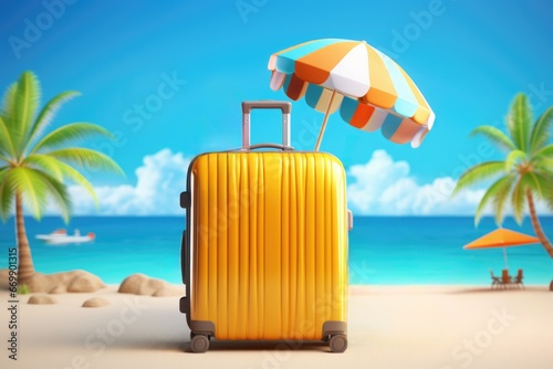 Orange suitcase with umbrella and ball on the sandy beach © P