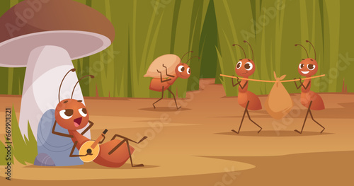 Ants. Cartoon background with ants bugs outdoor exact vector funny template