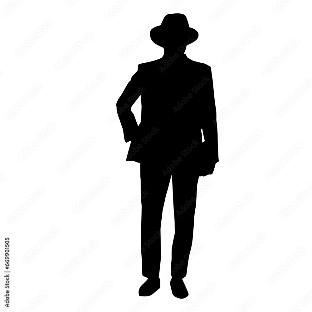 Silhouette of a gentleman in a suit costume wearing fedora hat. Silhouette of a man in suit. Silhouette of a gentleman in a suit costume wearing fedora hat. Silhouette of a man in suit.