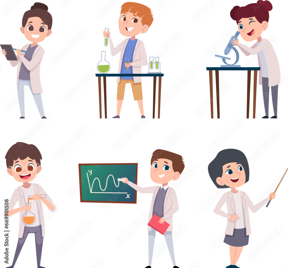 Chemical kids. Little people scientists making experiment in chemical lab exact vector cartoon illustrations Chemical kids. Little people scientists making experiment in chemical lab exact vector cartoon illustrations