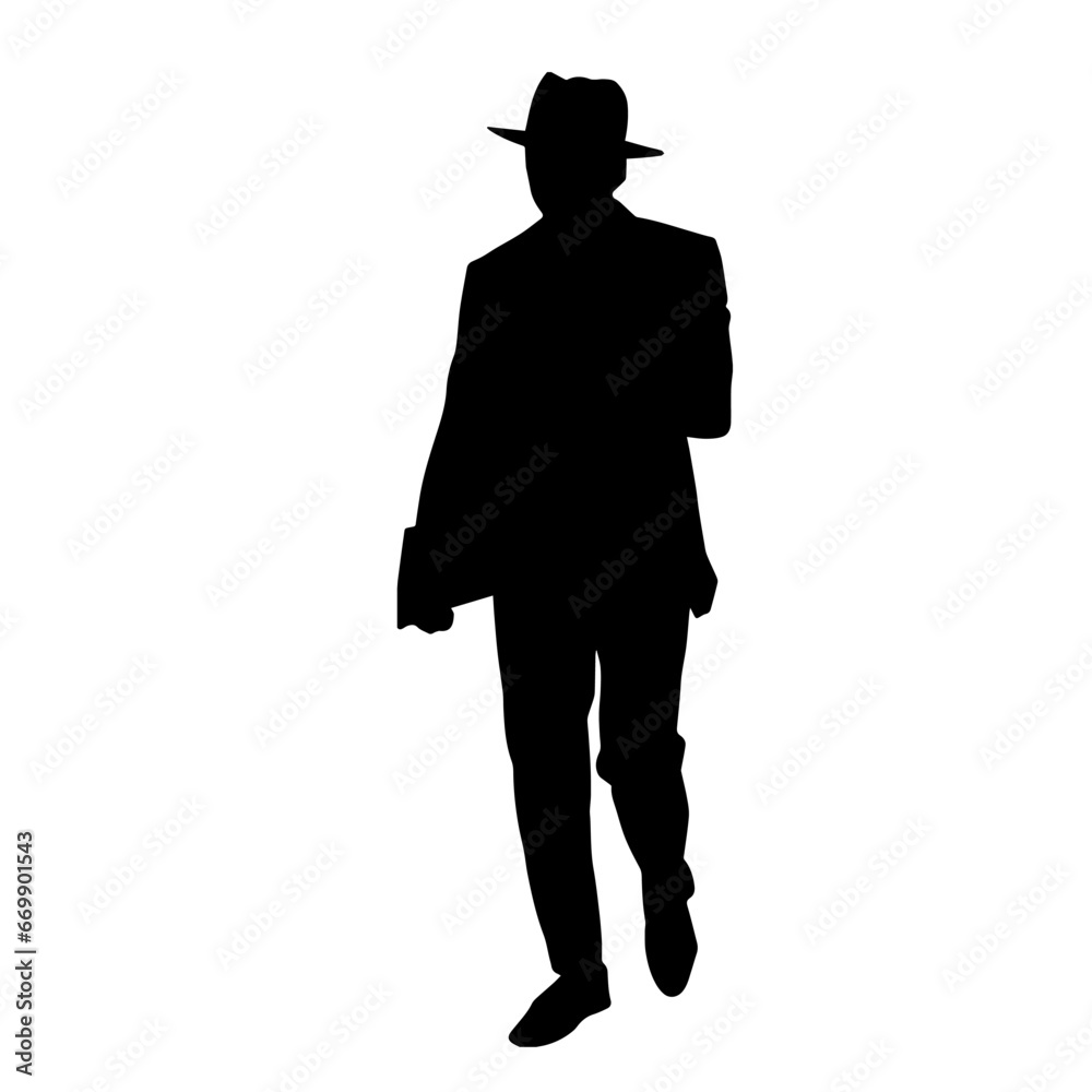 Silhouette of a gentleman in a suit costume wearing fedora hat