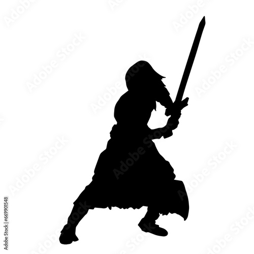 Silhouette of a female warrior carrying sword weapon.