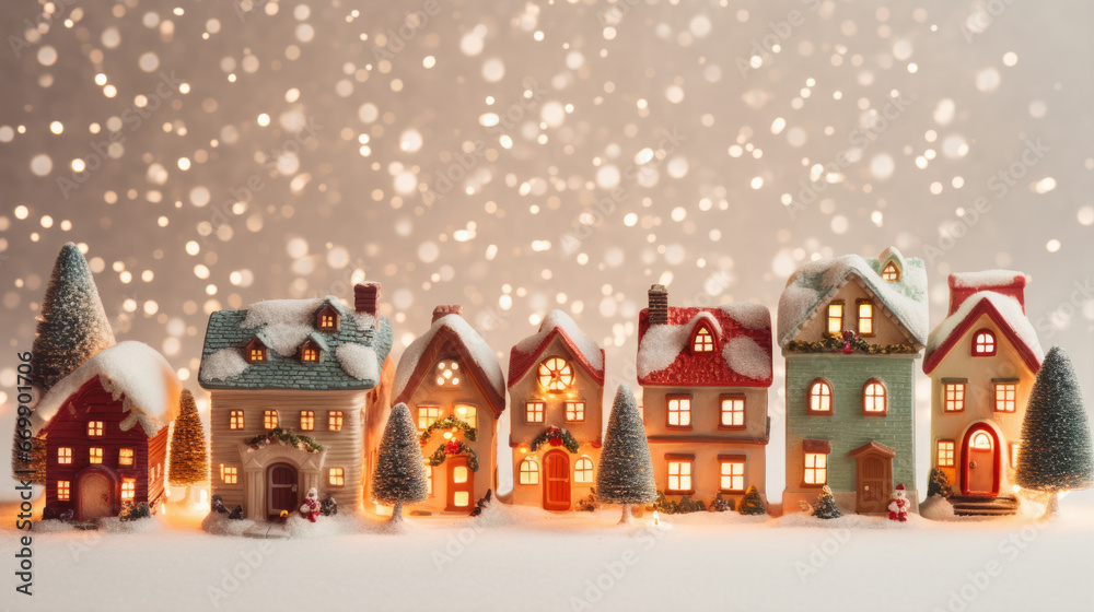 Toy houses in winter Christmas scenery with snow and lights