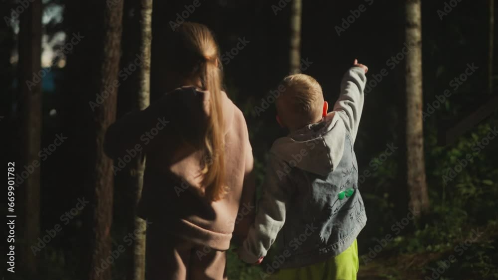 Children look at wild forest at evening twilight. Boy points forward paying sister attention to nature in night woods. Little kids at woodland resort Children look at wild forest at evening twilight. Boy points forward paying sister attention to nature in night woods. Little kids at woodland resort