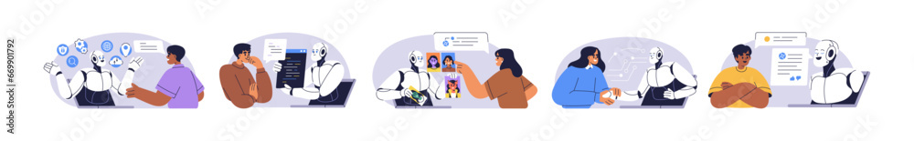 AI technology concept. People and artificial intelligence robots communication set. Human using text and image chatbots for business help. Flat graphic vector illustration isolated on white background