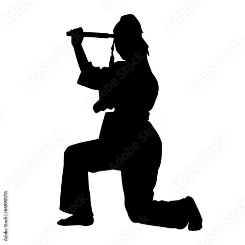 Silhouette of a female martial art person in action pose. Silhouette of a woman fighter in martial art pose.