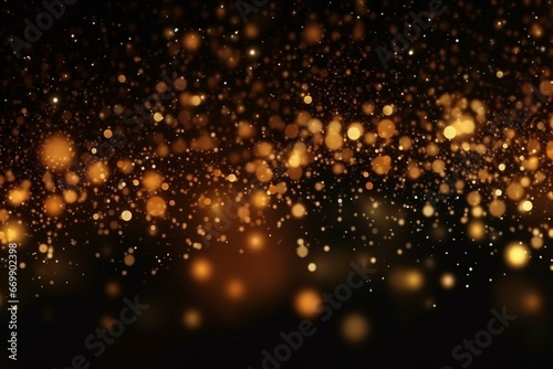 Abstract dark background with sparkling golden bokeh lights and glitter dust particles. Generative AI photo