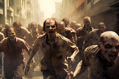 Group of zombies running on city street at day time. Neural network generated image. Not based on any actual person or scene.