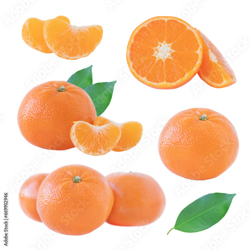 Set of tangerines with leaves isolated on white background.