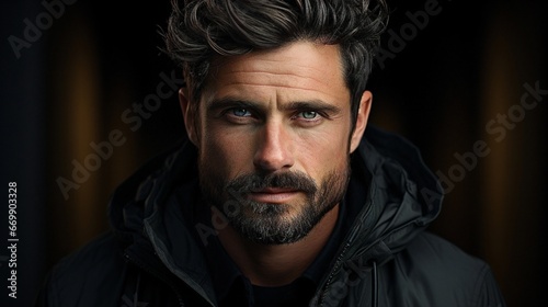 Portrait of a handsome man aged 35 with a beard, looking at camera  photo