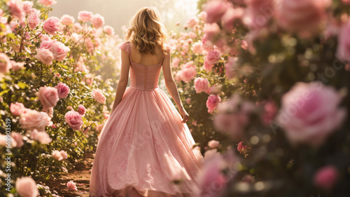 woman in pink dress with blooming roses in the garden #669903519