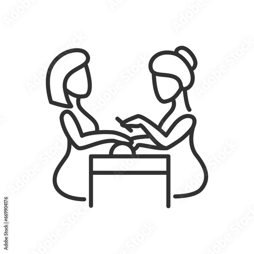 Women at the manicure, linear icon, does manicure. Line with editable stroke