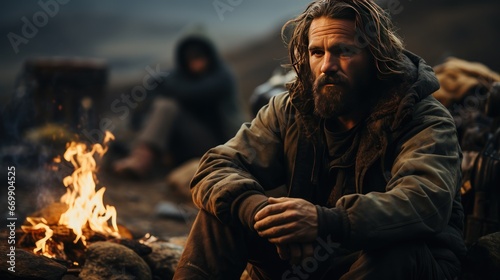Homeless bearded man sits attempting to shielding from biting cold finding solace in flickering flames by campfire in mountains. Caucasian homeless man warming-up near campfire.