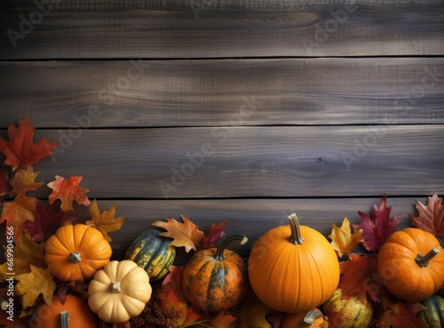 Thanksgiving pumpkins on wooden background with autumn leaves