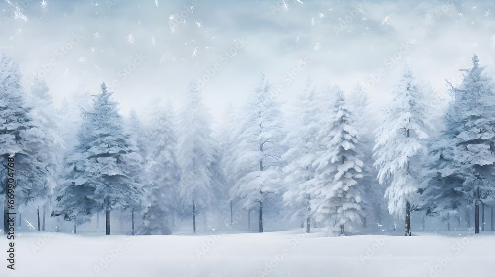 Transport viewers to a tranquil winter forest with tall pine trees adorned by detailed snowflakes, creating a serene woodland scene for your snowflakes background.
