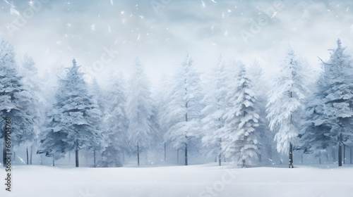 Transport viewers to a tranquil winter forest with tall pine trees adorned by detailed snowflakes, creating a serene woodland scene for your snowflakes background. © CanvasPixelDreams