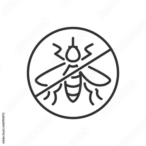 Insect repellent, prohibition, prohibition sign and mosquitoes linear icon. Line with editable stroke