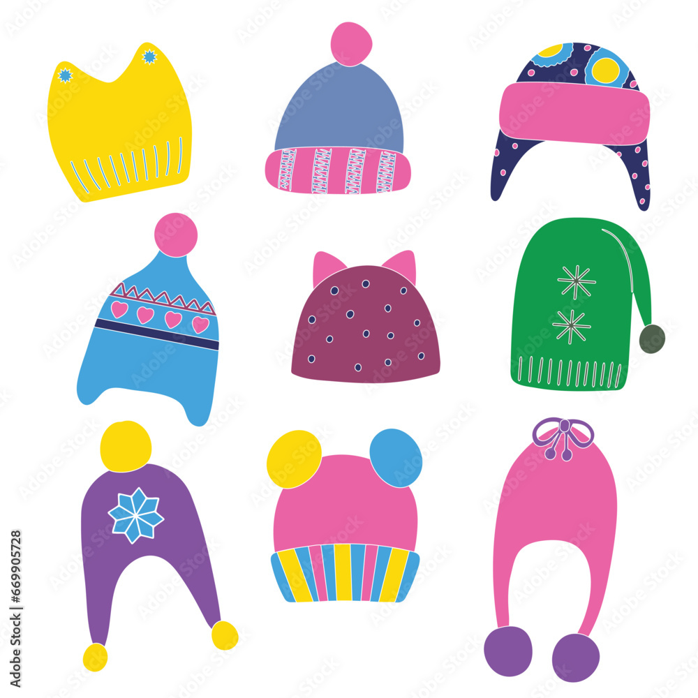 Set of winter children's hats. Hello winter. Flat vector illustration. Design elements
