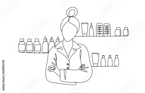 Pharmacist. Pharmacy. Woman. One line