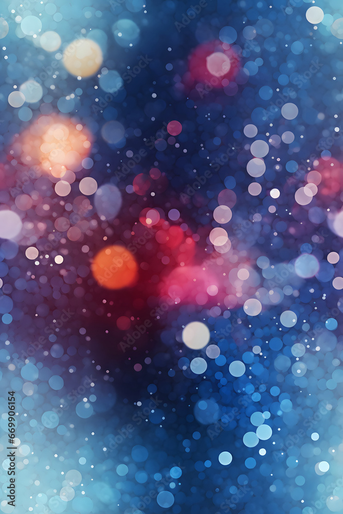 Abstract seamless texture, background and wallpaper of bokeh circles, flying microscopic dust particles in contrast color scheme. Neural network generated image. Not based on any actual person or