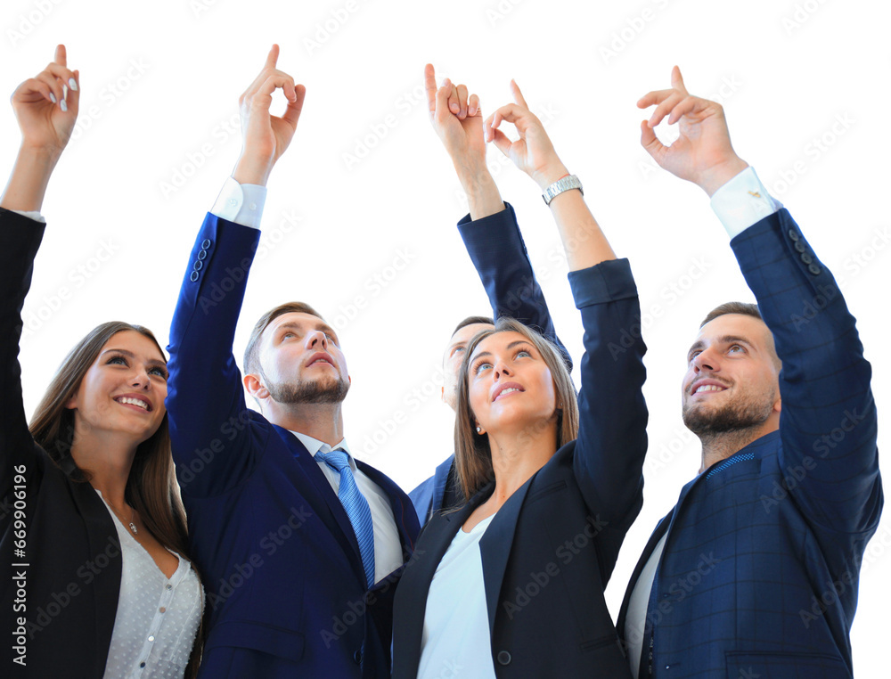 Group of five business people in a row pointing and looking up on a transparent background Group of five business people in a row pointing and looking up on a transparent background