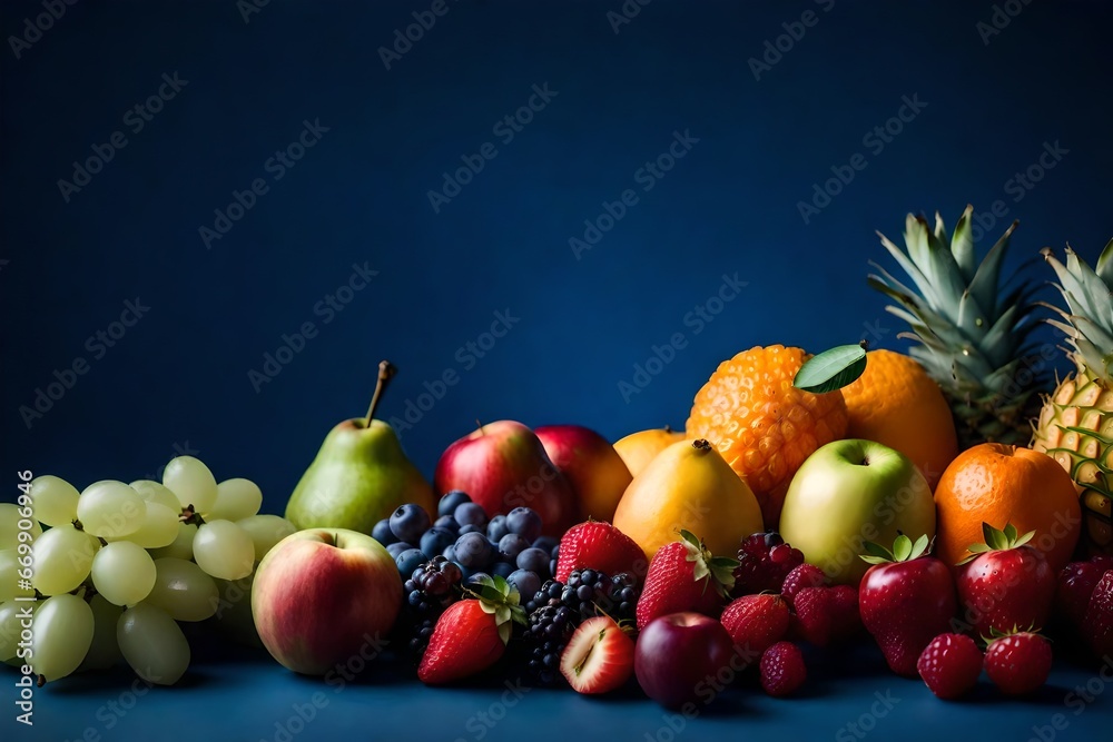 Variety of fruits with a blue background Variety of fruits with a blue background