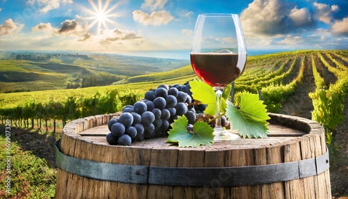 Copa de vino con uvas, sobre tonel de madera en un campo de viñedo. photo