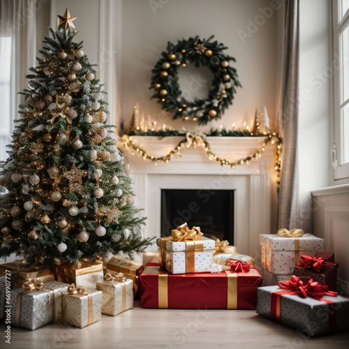 Light garland Christmas tree decor presents new year night interior
