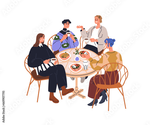 Happy friends gathering around table, eating lunch together, talking. People meeting for breakfast, chatting, discussing, drinking tea. Flat graphic vector illustration isolated on white background