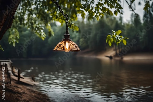 Brown pendant light hanging on a tree near river.