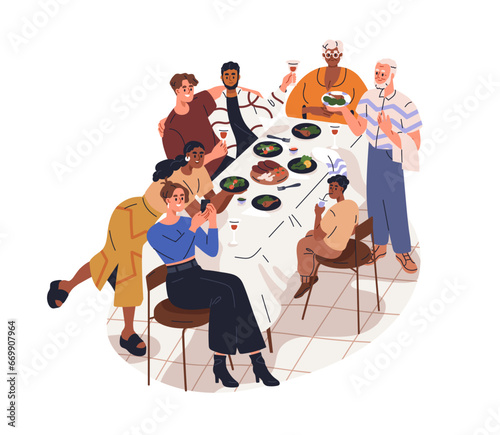 Family gathering together at dinner table. Happy old and young people celebrating holiday, festive eating and drink. Home celebration. Flat graphic vector illustration isolated on white background