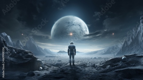 A human cyborg man on a moonscape photo