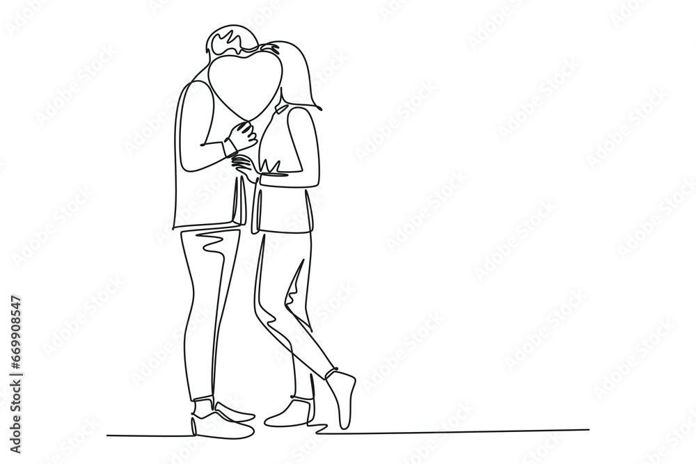 Single one line drawing young happy couple man and woman kissing and covered by heart shape balloon celebrating their marriage. Romantic love. Continuous line draw design graphic vector illustration Single one line drawing young happy couple man and woman kissing and covered by heart shape balloon celebrating their marriage. Romantic love. Continuous line draw design graphic vector illustration