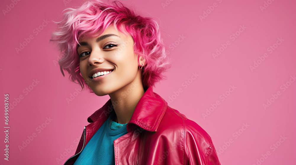 Portrait of joyful girl with pink hairs in hoodie on pink background