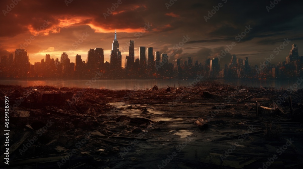 Apocalypse 3D rendering. Extinction-level event. Doomsday. End of the world. Burning fire, explosions, smoke. Catastrophy.
