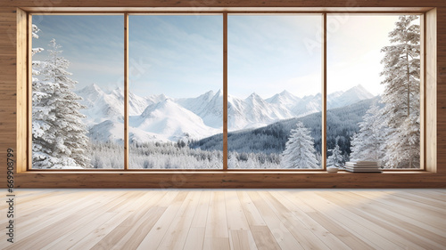 Wooden floor with winter mountain view