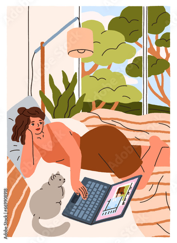 Girl relaxing in bed, surfing internet at laptop computer. Young woman restin...