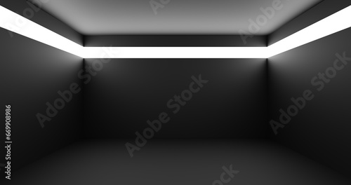 an empty dark room with a light panel around the perimeter, the concept of a secret room with the need to get out, an ascetic interior without windows, 3d rendering