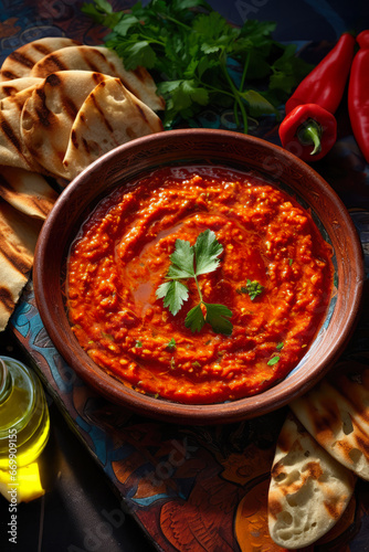 Traditional Balkan Cuisine "Ajvar" made from Roasted Capsicum, Served with Pita Bread