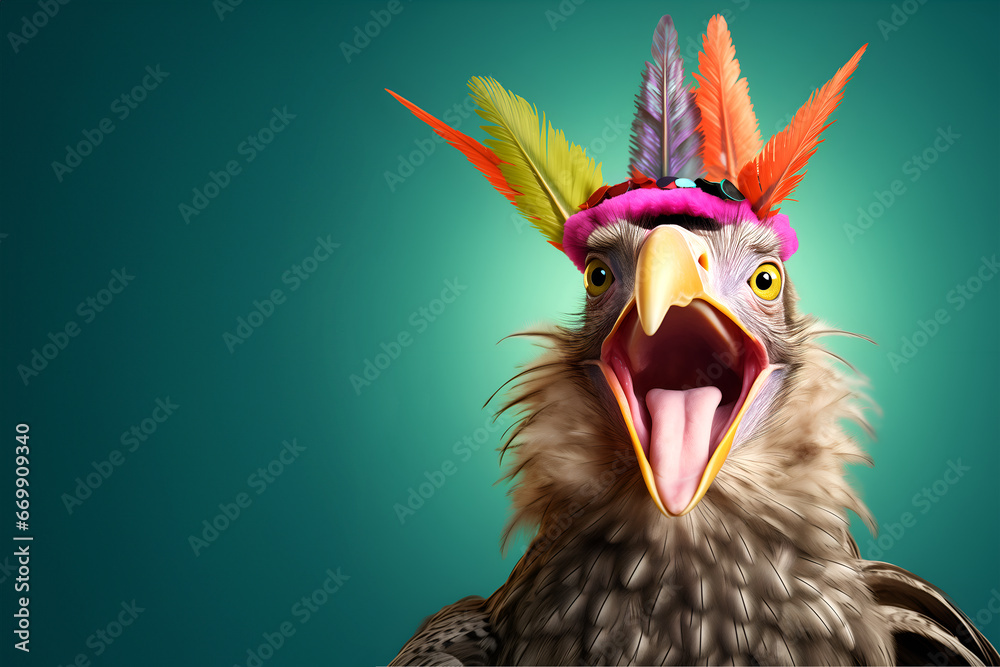 Creative animal concept. Eagle bird in party cone hat necklace bowtie outfit isolated on solid pastel background advertisement, copy text space. birthday party invite invitation