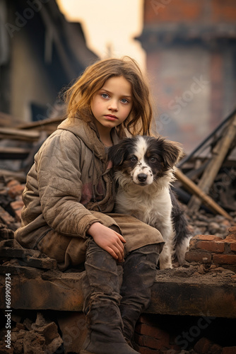 a beautiful girl sits with a dog on the ruins. Generative AI © Артур Комис