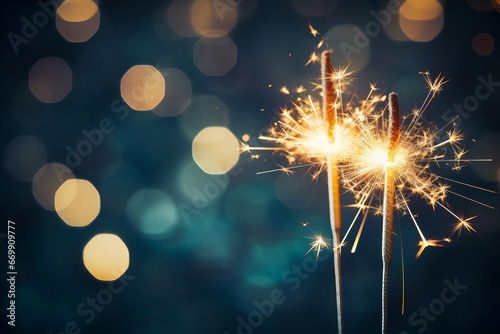 two classic sparklers with blue and gold blurred bokeh lights