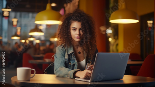 young woman with laptop in cafe