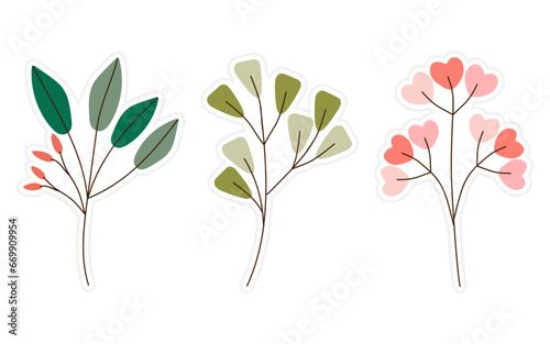 Set of flowers  floral and leaf stickers elements isolated on a white background. Spring stickers for scrapbooking  planner  greeting card and more.