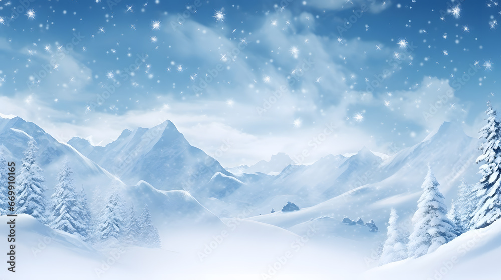Obraz premium Craft a breathtaking snowflakes wallpaper featuring majestic mountain peaks cloaked in fresh snow, with detailed flakes cascading from the crisp, clear sky.