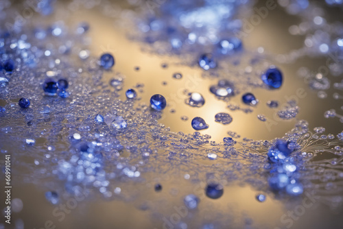 Close-up of blue gem shards placed on a gold background